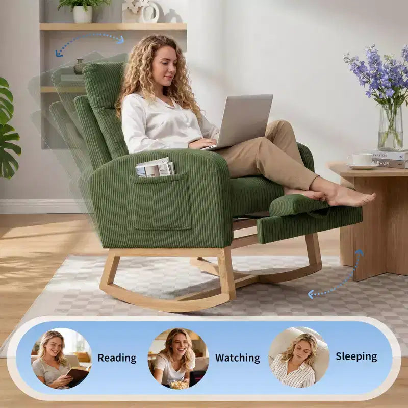 Fauteuil à bascule de puériculture avec repose-pieds réglable – Rocker planeur capitonné avec poche latérale pour salon, chambre, chambre de bébé