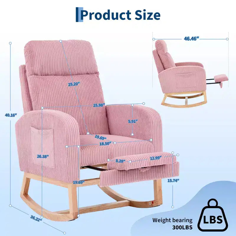 Fauteuil à bascule de puériculture avec repose-pieds réglable – Rocker planeur capitonné avec poche latérale pour salon, chambre, chambre de bébé