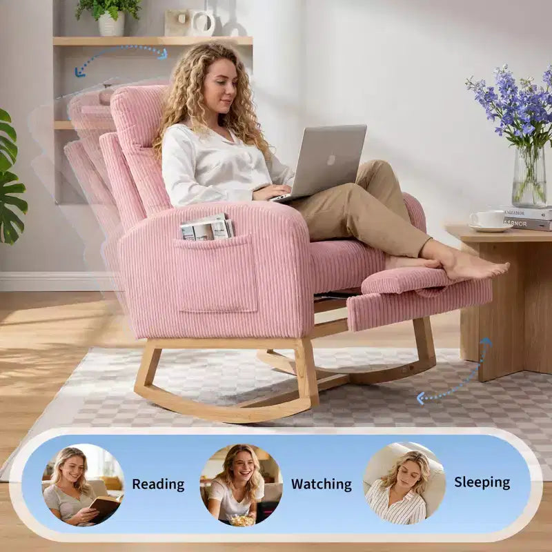 Fauteuil à bascule de puériculture avec repose-pieds réglable – Rocker planeur capitonné avec poche latérale pour salon, chambre, chambre de bébé