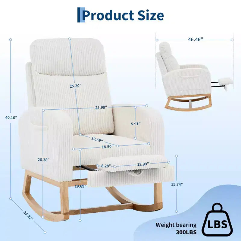 Fauteuil à bascule de puériculture avec repose-pieds réglable – Rocker planeur capitonné avec poche latérale pour salon, chambre, chambre de bébé