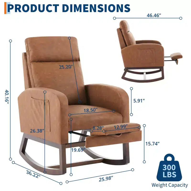 Fauteuil à bascule de puériculture avec repose-pieds réglable – Rocker planeur capitonné avec poche latérale pour salon, chambre, chambre de bébé