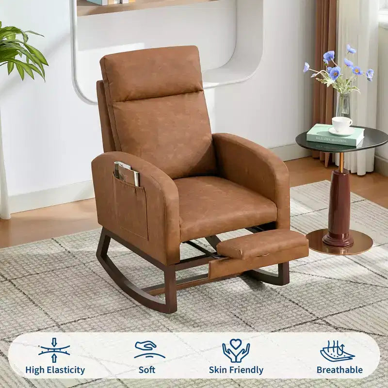 Fauteuil à bascule de puériculture avec repose-pieds réglable – Rocker planeur capitonné avec poche latérale pour salon, chambre, chambre de bébé