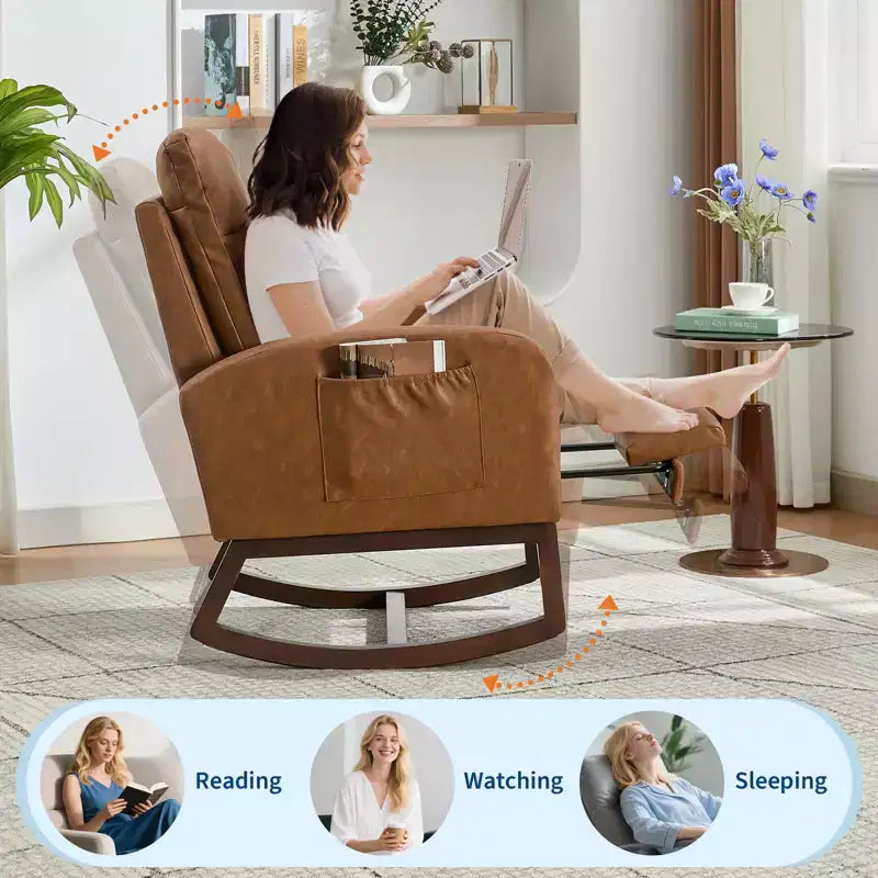 Fauteuil à bascule de puériculture avec repose-pieds réglable – Rocker planeur capitonné avec poche latérale pour salon, chambre, chambre de bébé