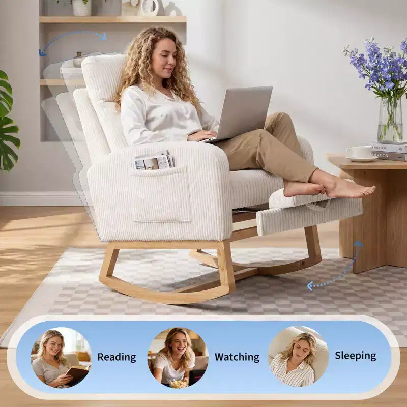 Fauteuil à bascule de puériculture avec repose-pieds réglable – Rocker planeur capitonné avec poche latérale pour salon, chambre, chambre de bébé