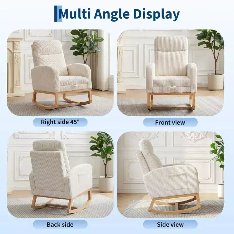 Fauteuil à bascule de puériculture avec repose-pieds réglable – Rocker planeur capitonné avec poche latérale pour salon, chambre, chambre de bébé