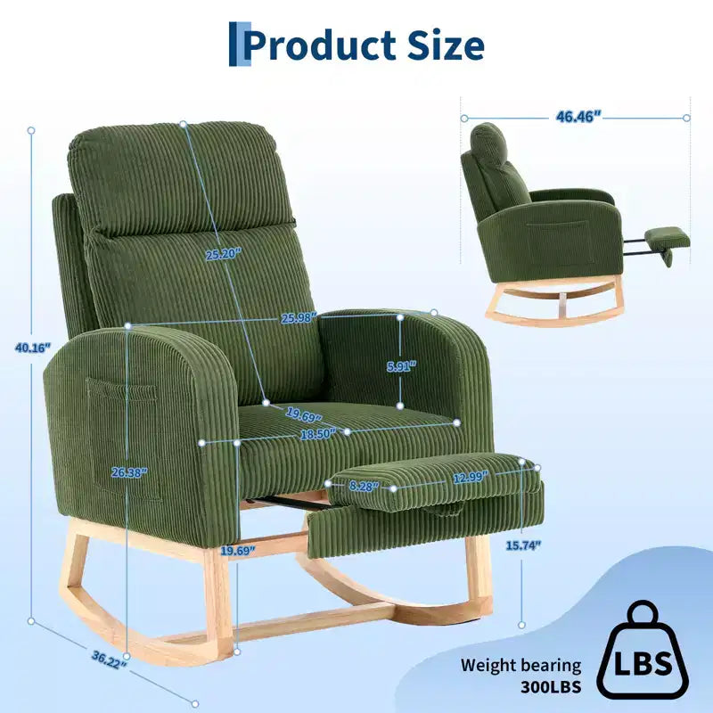 Fauteuil à bascule de puériculture avec repose-pieds réglable – Rocker planeur capitonné avec poche latérale pour salon, chambre, chambre de bébé
