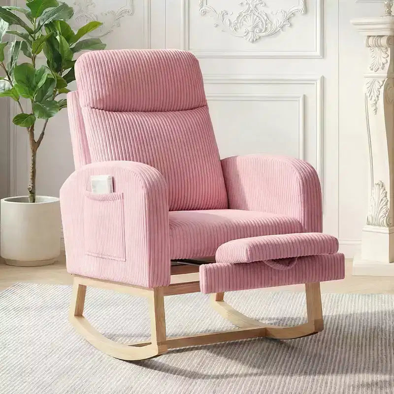 Fauteuil à bascule de puériculture avec repose-pieds réglable – Rocker planeur capitonné avec poche latérale pour salon, chambre, chambre de bébé