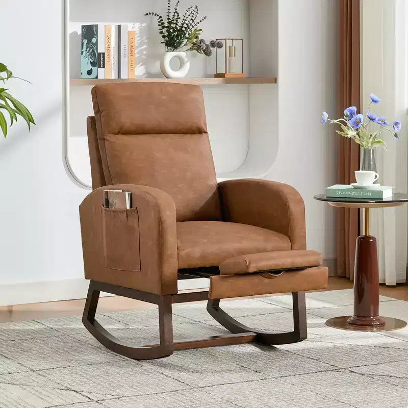Fauteuil à bascule de puériculture avec repose-pieds réglable – Rocker planeur capitonné avec poche latérale pour salon, chambre, chambre de bébé
