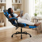 Chaise de jeu avec repose-pieds, chaise d'ordinateur ergonomique avec appuie-tête et support lombaire, chaise de jeu respirante et réglable en hauteur pour la maison et le bureau