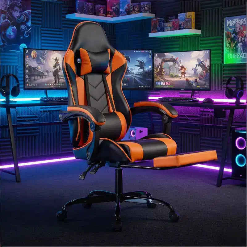 Chaise de jeu avec repose-pieds, chaise d'ordinateur ergonomique avec appuie-tête et support lombaire, chaise de jeu respirante et réglable en hauteur pour la maison et le bureau