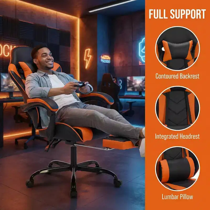 Chaise de jeu avec repose-pieds, chaise d'ordinateur ergonomique avec appuie-tête et support lombaire, chaise de jeu respirante et réglable en hauteur pour la maison et le bureau