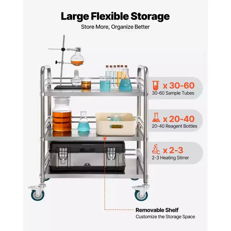 VEVOR Chariot de service en acier inoxydable à 3 niveaux avec roues verrouillables, chariot de service médical pour clinique, argent