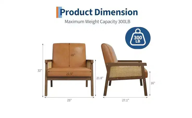 Fauteuil d'appoint en cuir PU GustoWave - Fauteuil en rotin avec accoudoirs et pieds en bois, chaise de lecture rembourrée pour salon/chambre/salle de lecture