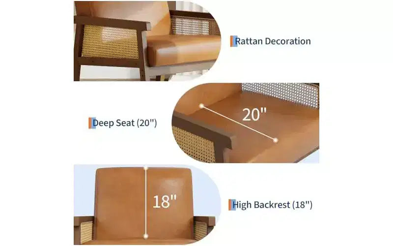 Fauteuil d'appoint en cuir PU GustoWave - Fauteuil en rotin avec accoudoirs et pieds en bois, chaise de lecture rembourrée pour salon/chambre/salle de lecture