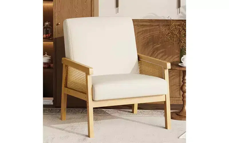 Fauteuil d'appoint en cuir PU GustoWave - Fauteuil en rotin avec accoudoirs et pieds en bois, chaise de lecture rembourrée pour salon/chambre/salle de lecture