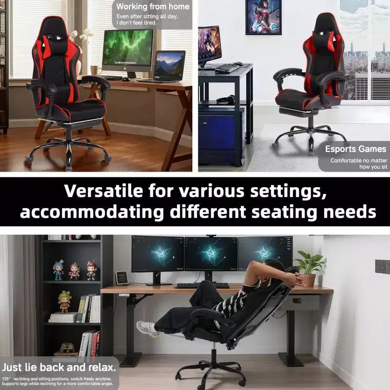 Chaise de jeu en cuir PU avec dossier inclinable et repose-pieds rétractable, chaise de bureau pivotante à dossier haut pour joueurs et bureau à domicile - Panipeachy