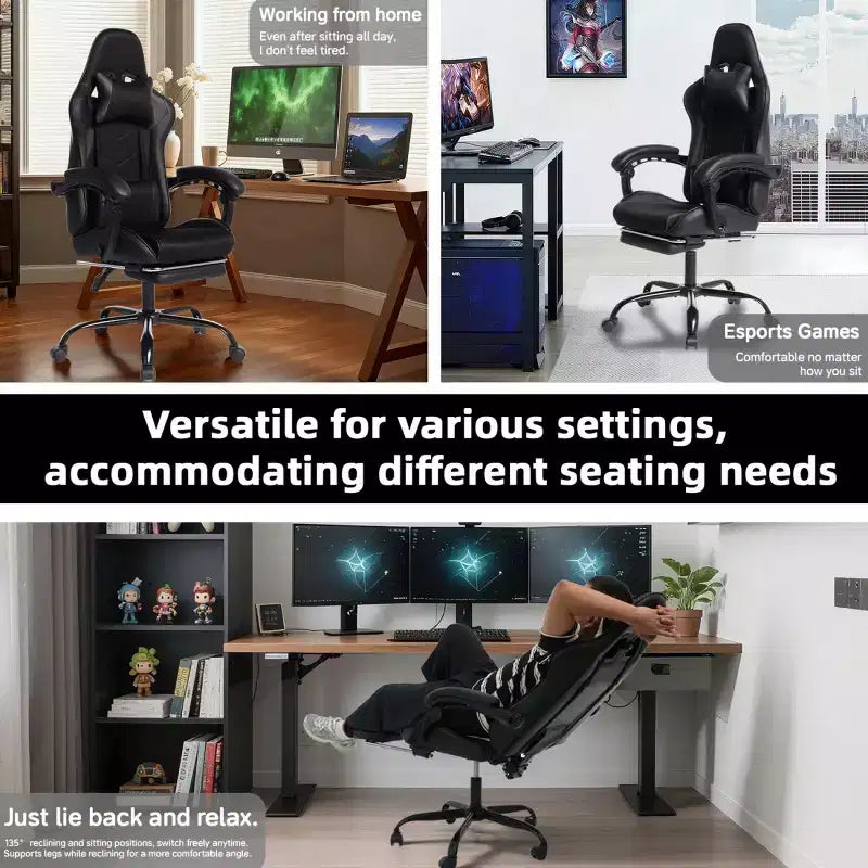 Chaise de jeu en cuir PU avec dossier inclinable et repose-pieds rétractable, chaise de bureau pivotante à dossier haut pour joueurs et bureau à domicile - Panipeachy