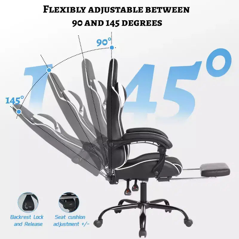 Chaise de jeu en cuir PU avec dossier inclinable et repose-pieds rétractable, chaise de bureau pivotante à dossier haut pour joueurs et bureau à domicile - Panipeachy