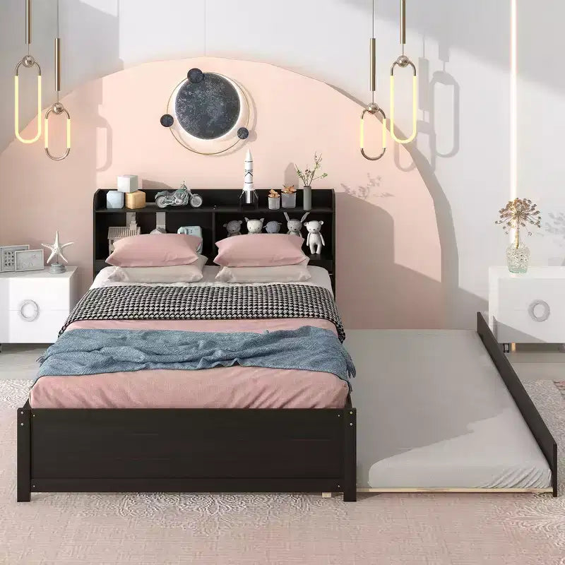 Lit double et cadre de lit Whisen avec lit gigogne et tête de lit bibliothèque