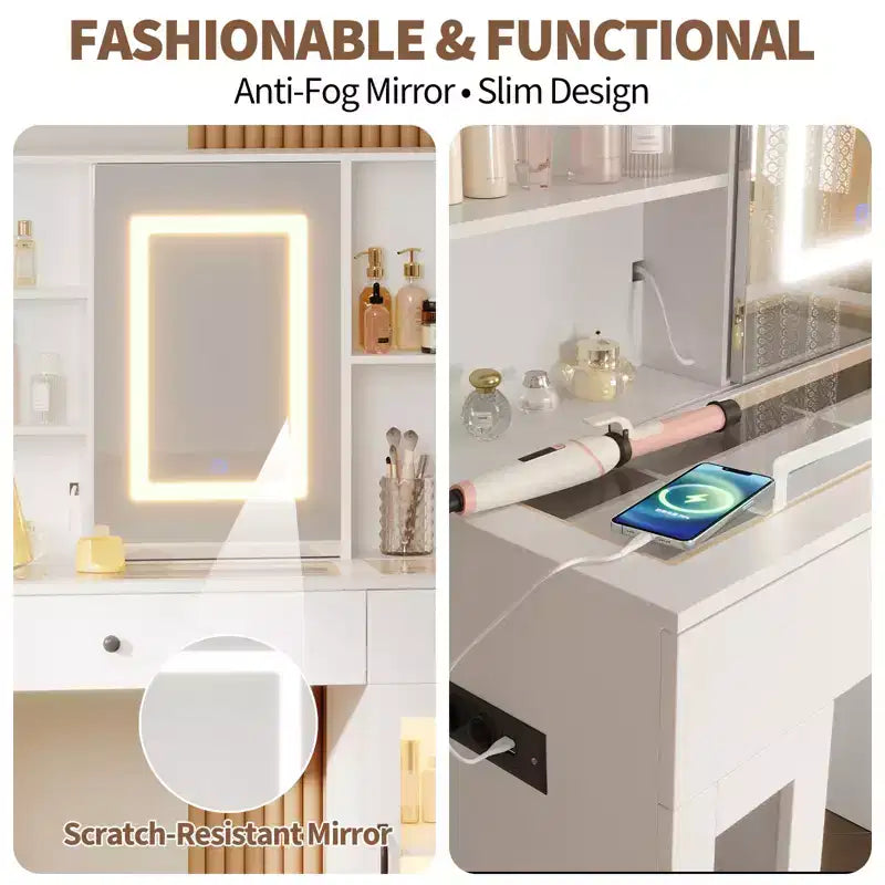 Coiffeuse avec miroir coulissant, 7 tiroirs, 6 étagères de rangement, meuble de maquillage moderne, montage facile, pour la maison, le salon