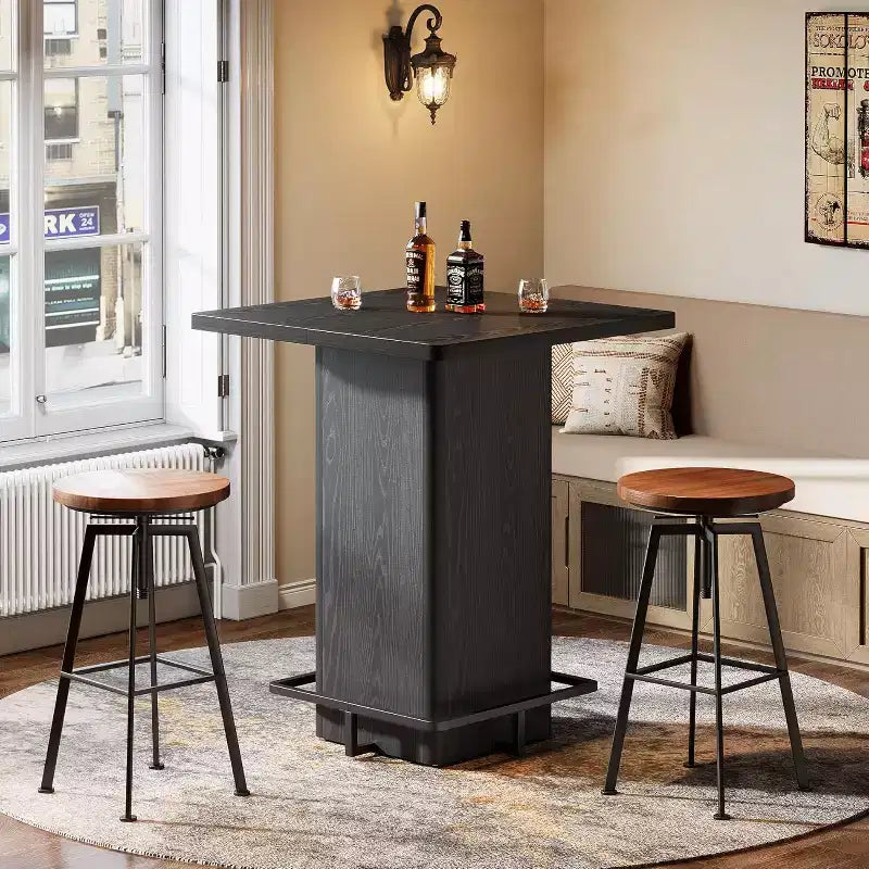 Table de bar carrée Lantine, table de bistrot/pub haute de 99,99 cm en bois avec repose-pieds en métal pour salle à manger, café, cocktail, salon, petits espaces