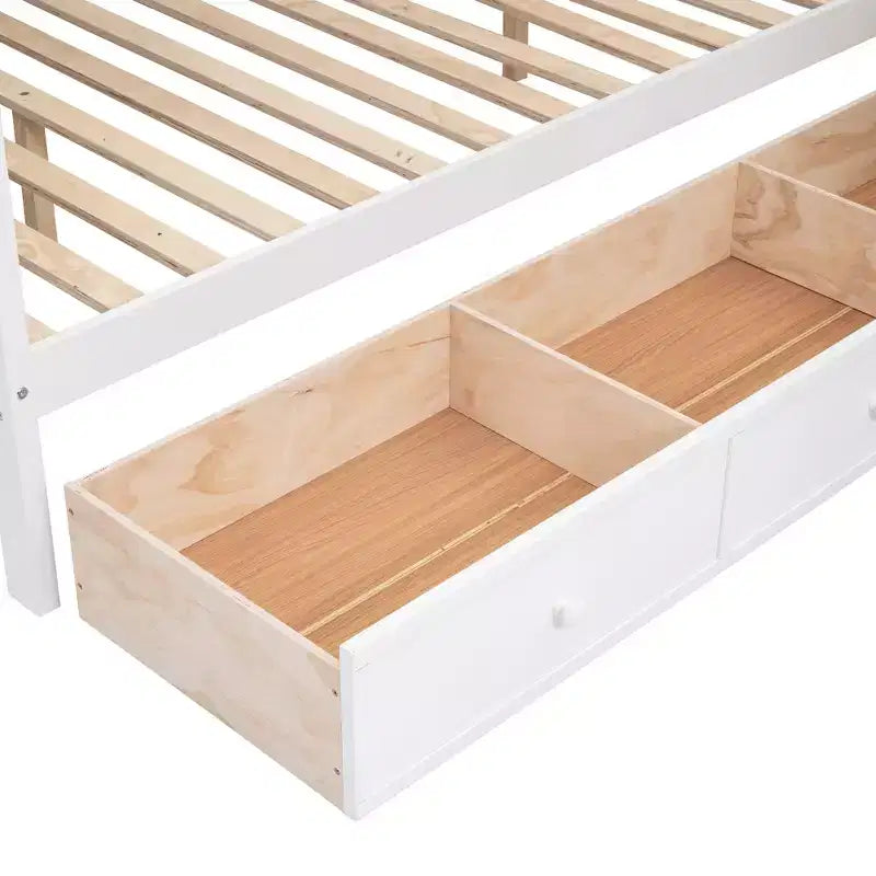 Lit superposé en L Luxystar avec trois couchages (deux lits superposés jumeaux et un lit double), tiroirs, bureau, étagères et armoire