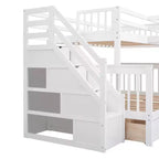 Lit superposé en L Luxystar avec trois couchages (deux lits superposés jumeaux et un lit double), tiroirs, bureau, étagères et armoire