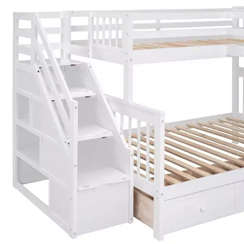 Lit superposé en L Luxystar avec trois couchages (deux lits superposés jumeaux et un lit double), tiroirs, bureau, étagères et armoire