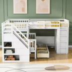 Lit superposé en L Luxystar avec trois couchages (deux lits superposés jumeaux et un lit double), tiroirs, bureau, étagères et armoire