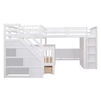 Lit superposé en L Luxystar avec trois couchages (deux lits superposés jumeaux et un lit double), tiroirs, bureau, étagères et armoire