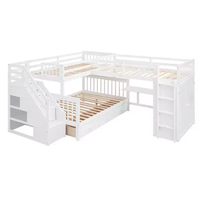 Lit superposé en L Luxystar avec trois couchages (deux lits superposés jumeaux et un lit double), tiroirs, bureau, étagères et armoire