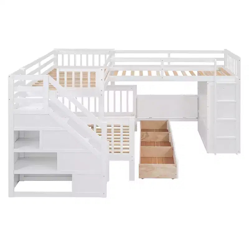 Lit superposé en L Luxystar avec trois couchages (deux lits superposés jumeaux et un lit double), tiroirs, bureau, étagères et armoire