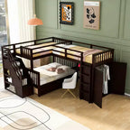 Luxystar Twin Over Twin Over Full L-shaped Bunk Bed With Drawers, Desk, Shelves and Armoire