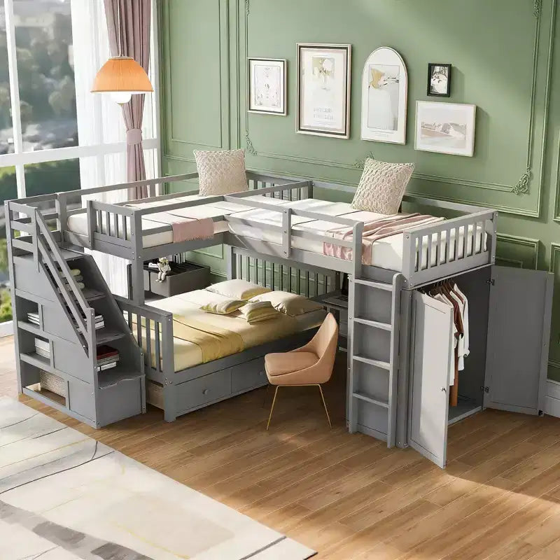 Lit superposé en L Luxystar avec trois couchages (deux lits superposés jumeaux et un lit double), tiroirs, bureau, étagères et armoire