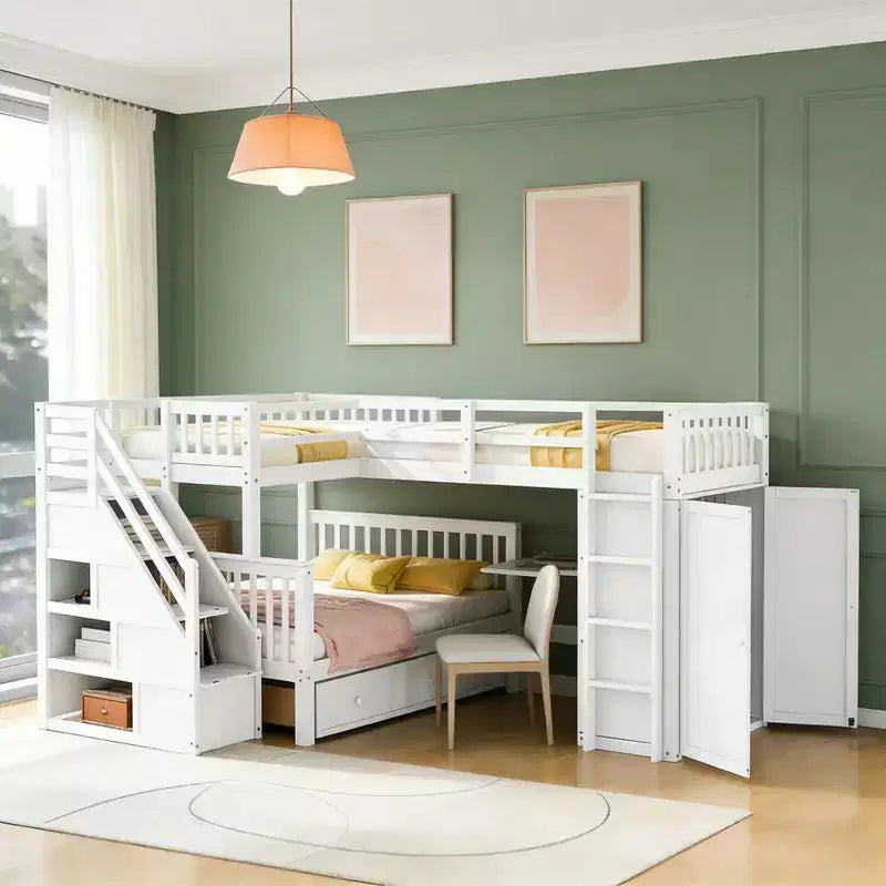 Lit superposé en L Luxystar avec trois couchages (deux lits superposés jumeaux et un lit double), tiroirs, bureau, étagères et armoire