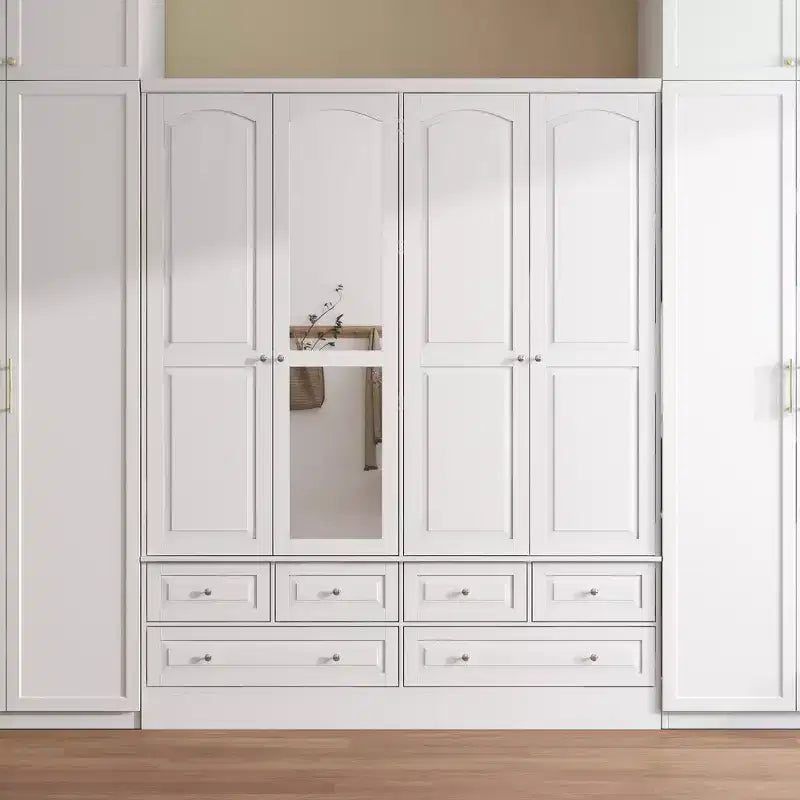 Famapy 3-Door Wardrobe with Mirror,6 Drawers,Adjustable Shelves and Recessed Top Storage Armoire for Bedroom