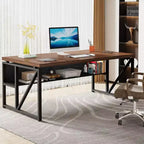 Bureau d'ordinateur Lantine de 63 po avec étagère de rangement inférieure, noyer foncé et pieds en acier, pour poste de travail à domicile; armoire non incluse.