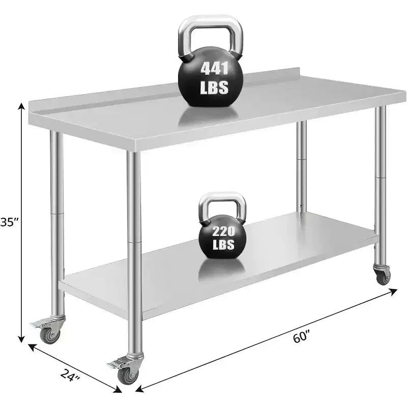 Table de travail en acier inoxydable 60x24x35, table de préparation robuste avec étagère inférieure réglable pour cuisine, restaurant, maison, hôtel et poste de travail.