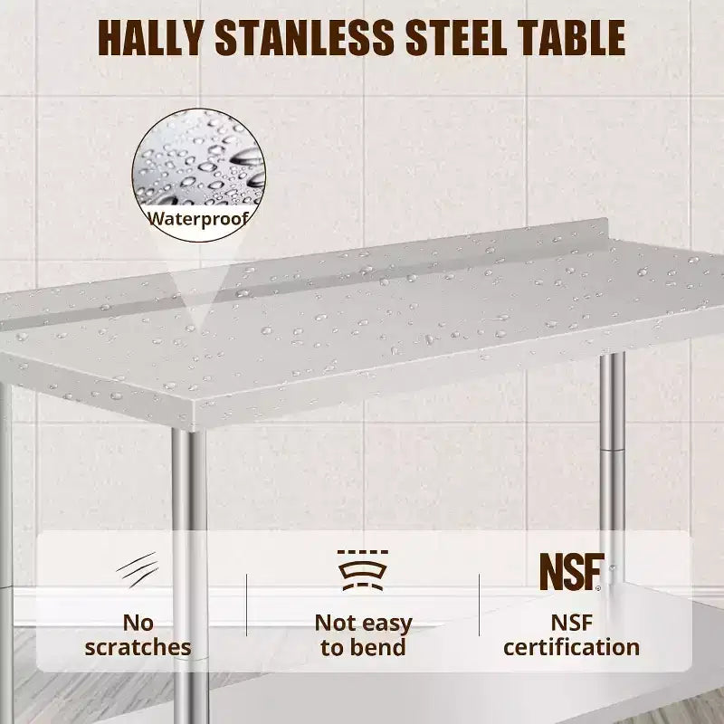 Table de travail en acier inoxydable 60x24x35, table de préparation robuste avec étagère inférieure réglable pour cuisine, restaurant, maison, hôtel et poste de travail.