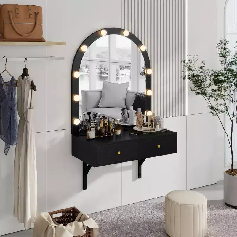 Coiffeuse flottante GDFStudio Silas avec miroir, éclairage 3 couleurs et prise de courant