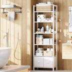 Étagère moderne de 180 cm de haut à 6 niveaux avec deux tiroirs, bibliothèque autonome en bois et métal, organisateur de rangement pour la maison, le bureau, le salon, blanc
