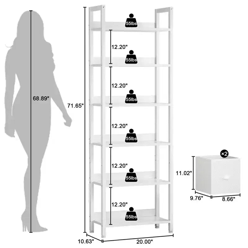 Étagère moderne de 180 cm de haut à 6 niveaux avec deux tiroirs, bibliothèque autonome en bois et métal, organisateur de rangement pour la maison, le bureau, le salon, blanc