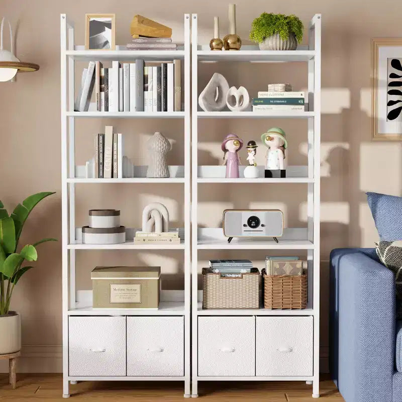 Étagère moderne de 180 cm de haut à 6 niveaux avec deux tiroirs, bibliothèque autonome en bois et métal, organisateur de rangement pour la maison, le bureau, le salon, blanc