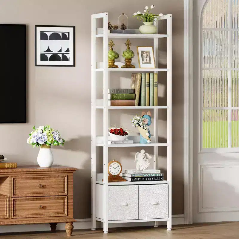 Étagère moderne de 180 cm de haut à 6 niveaux avec deux tiroirs, bibliothèque autonome en bois et métal, organisateur de rangement pour la maison, le bureau, le salon, blanc