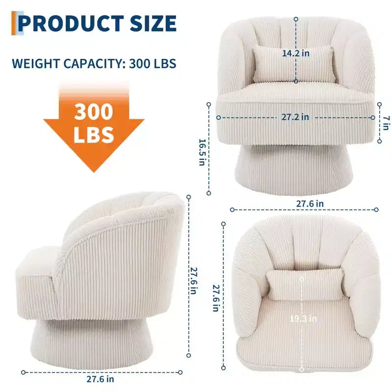 Fauteuil d'appoint pivotant ultra moelleux, fauteuil de salon 360 baril avec rembourrage nuage, dossier rayé, velours côtelé, beige