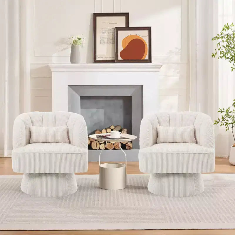 Fauteuil d'appoint pivotant ultra moelleux, fauteuil de salon 360 baril avec rembourrage nuage, dossier rayé, velours côtelé, beige