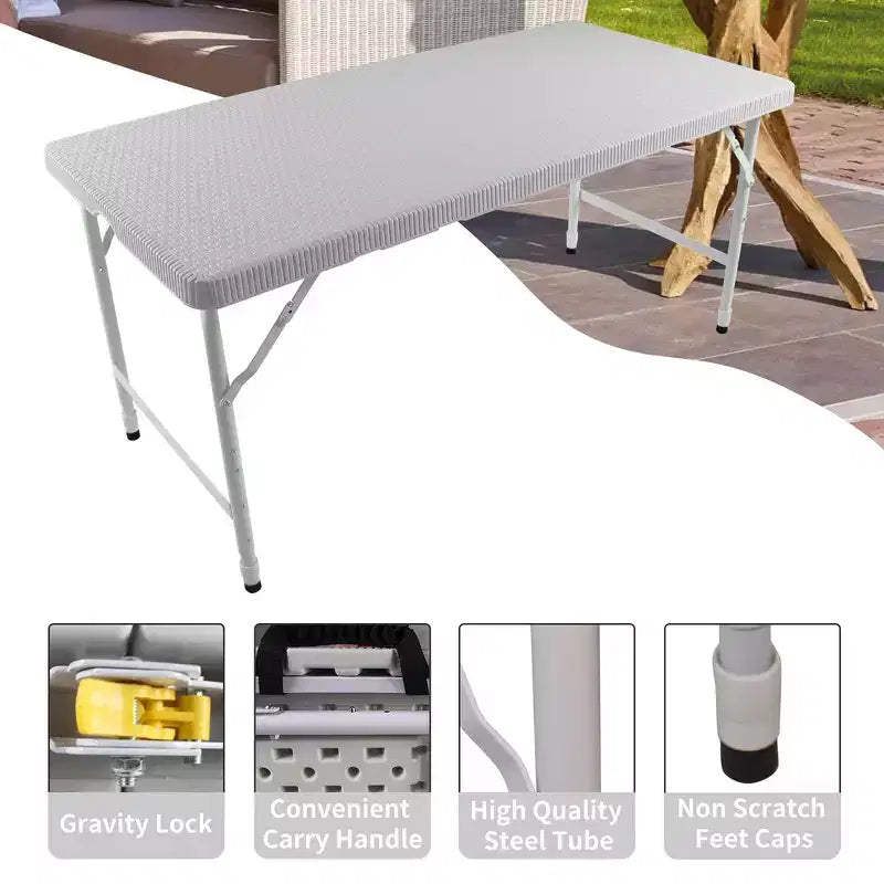Table de jeu pliante en rotin d'extérieur Whisen 4ft, Table de cartes portable en plastique étanche pour terrasse, Table de banquet pliante haute capacité de charge