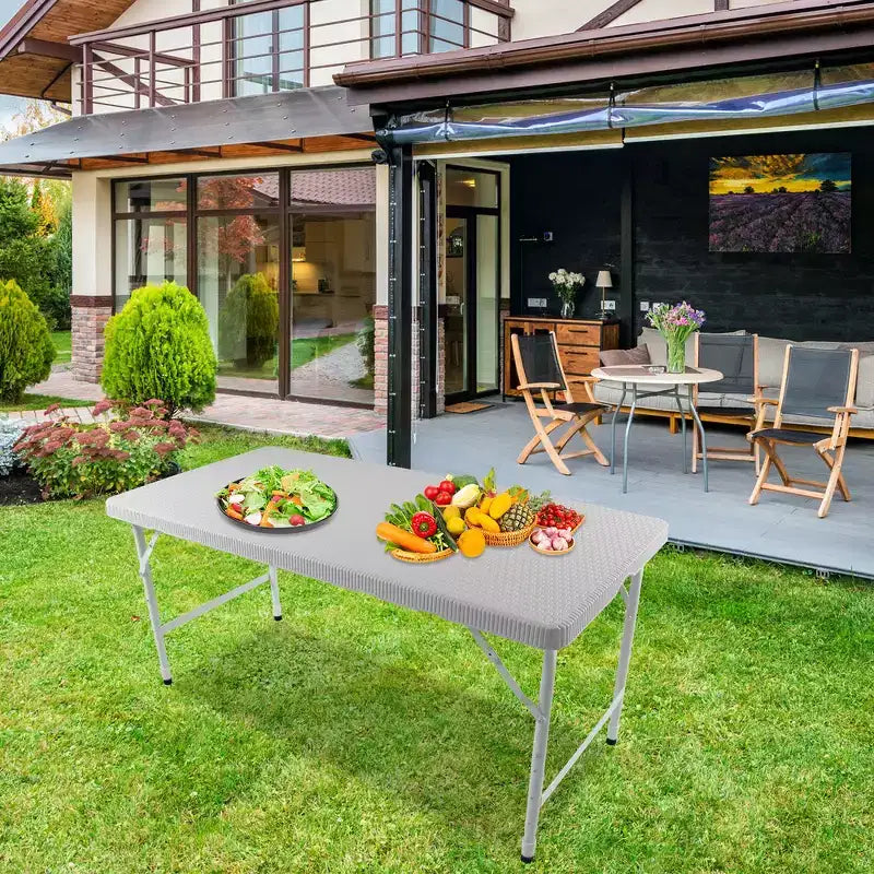 Table de jeu pliante en rotin d'extérieur Whisen 4ft, Table de cartes portable en plastique étanche pour terrasse, Table de banquet pliante haute capacité de charge