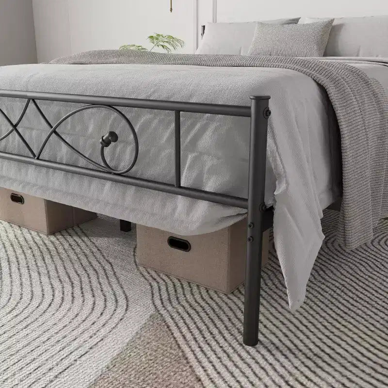 Cadre de lit plateforme en métal, taille double, avec tête et pied de lit au design poing, rangement sous le lit