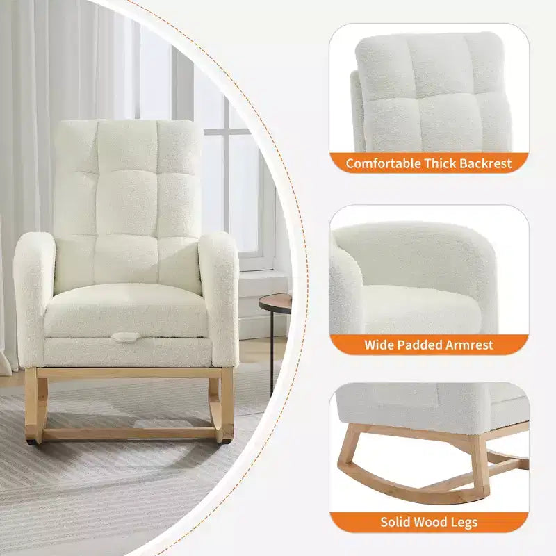 Fauteuil à bascule moderne pour chambre d'enfant, fauteuil à bascule en lin avec port USB et pochette latérale, fauteuil à bascule planeur pour salon, chambre à coucher, salle d'allaitement